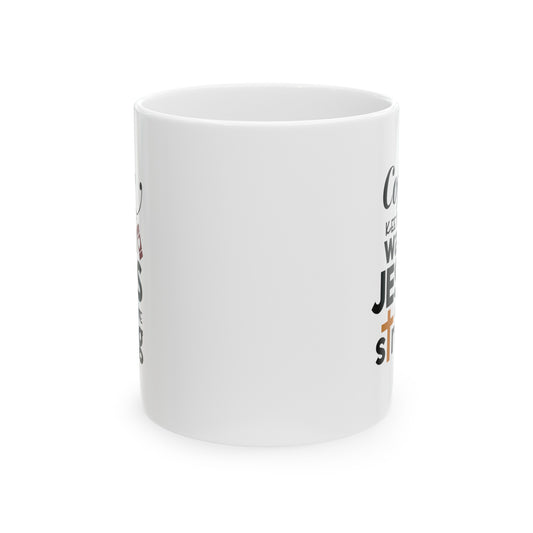 Coffee Keeps Me Warm Jesus Keeps Me Strong Christian White Ceramic Mug 11oz (double sided print) Printify