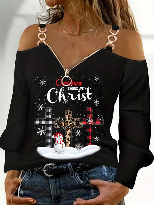 Christmas Begins With Christ Chain Linked Zipper Women's Christian Sweatshirt claimedbygoddesigns