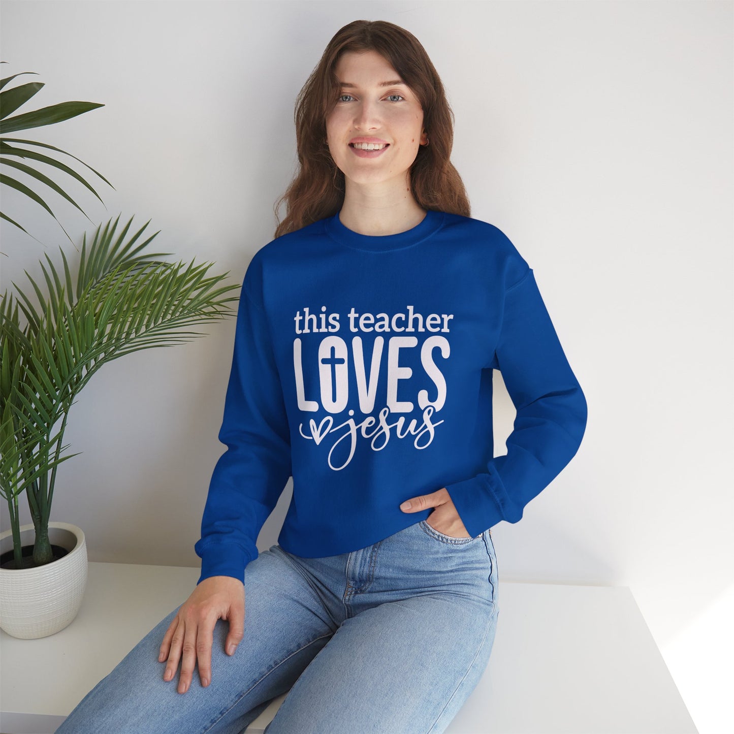 This Teacher Loves Him Unisex Heavy Blend™ Crewneck Christian Sweatshirt