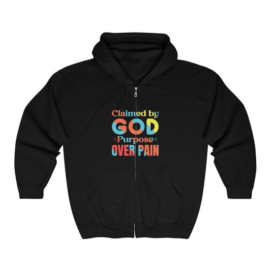 Claimed By God Purpose Over Pain Christian Unisex Heavy Blend Full Zip Hooded Sweatshirt Printify