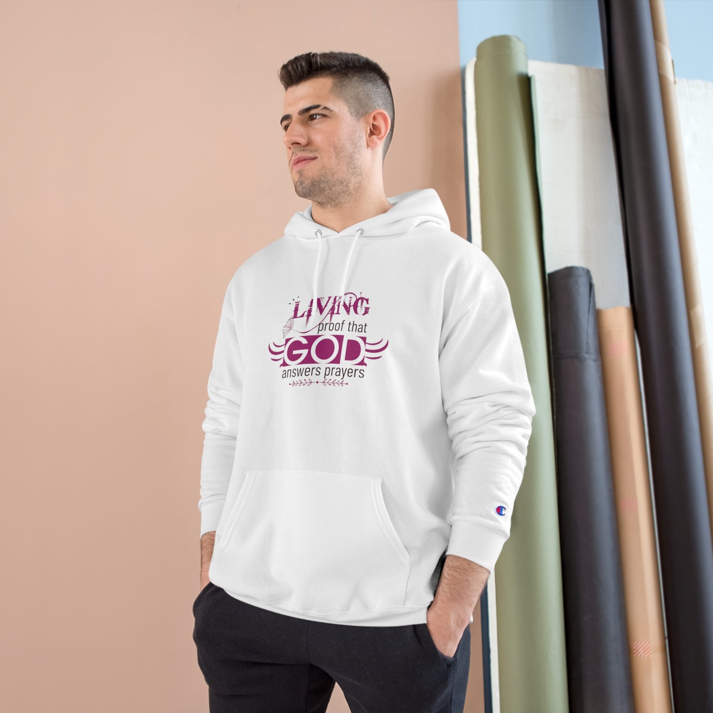 Living Proof That He Answers Prayers Unisex Champion Hoodie