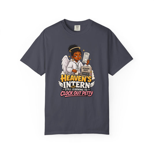 Heaven's Intern T-shirt – Funny Angel Nurse Tee ('Still Learning to Clock Out Petty') - ClaimedbyGodDesigns