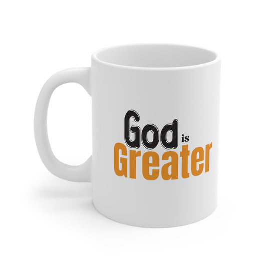 God Is Greater Christian White Ceramic Mug 11oz (double sided print) Printify