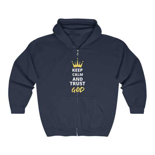Keep Calm And Trust God Christian Unisex Heavy Blend Full Zip Hooded Sweatshirt Printify