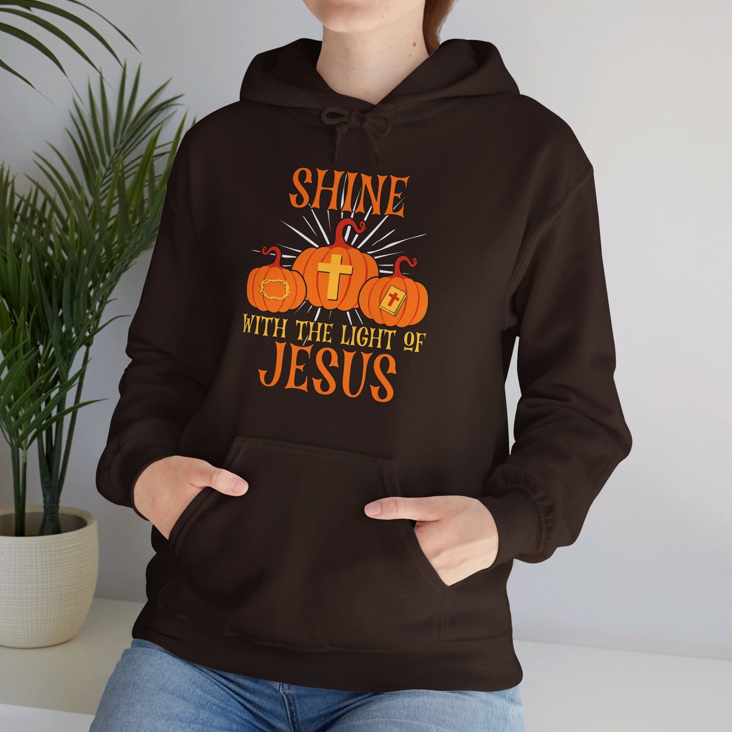 Shine With The Light Of Him Halloween Unisex Christian Pullover Hooded Sweatshirt