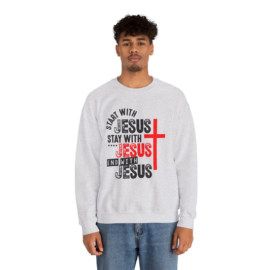 Start With Stay With End With Him Unisex Heavy Blend™ Crewneck Christian Sweatshirt
