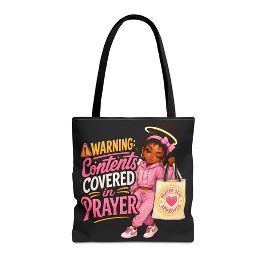 Tote Bag — "Warning: Contents Covered in Prayer" Pink Faith Tote