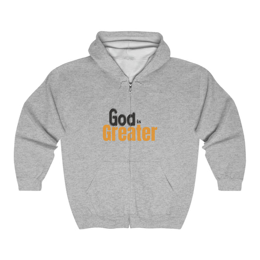 God Is Greater Christian Unisex Heavy Blend Full Zip Hooded Sweatshirt Printify