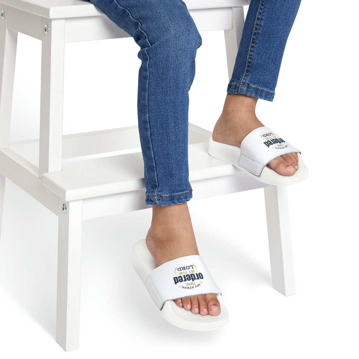My Steps Are Ordered By The Lord Youth PU Christian Slide Sandals Printify