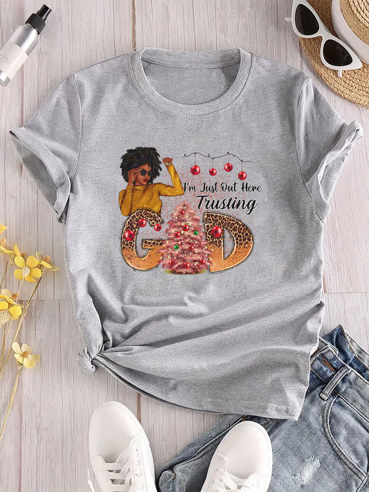 I'm Just Out Here Trusting God (Christmas themed) Women's Christian T-Shirt claimedbygoddesigns