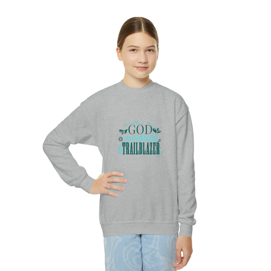 God Certified Trailblazer Youth Christian Sweatshirt Printify