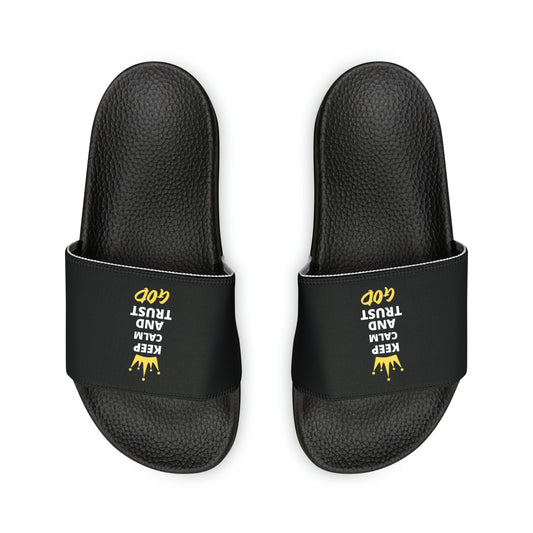 Keep Calm And Trust God Men's PU Christian Slide Sandals Printify