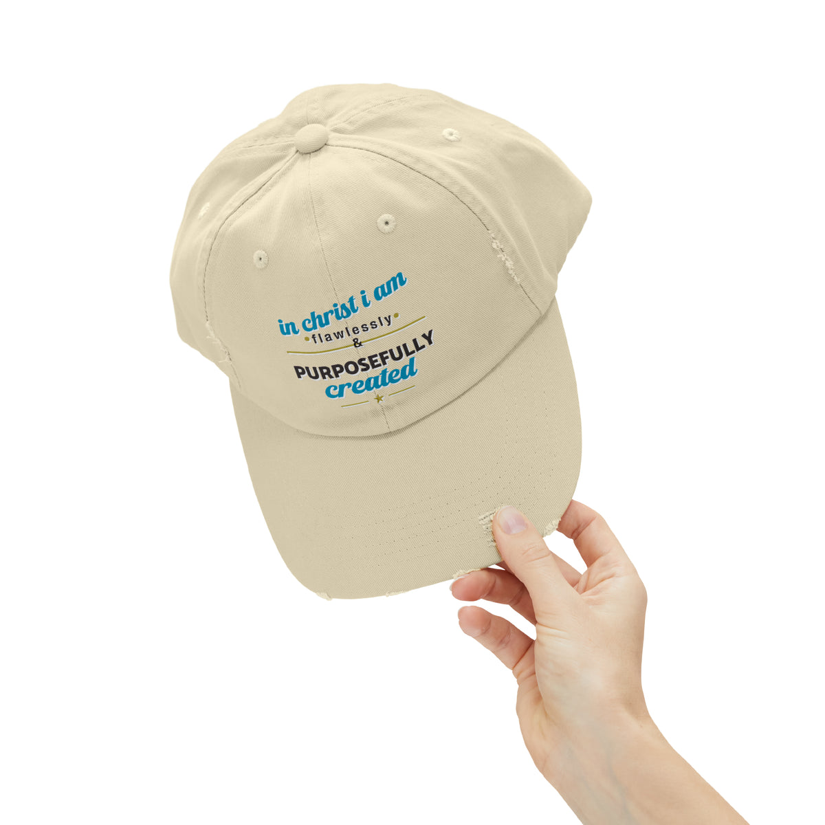 In Christ I Am Flawlessly & Purposefully Created Unisex Christian Distressed Hat Printify