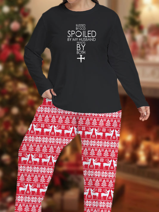 Blessed By God Spoiled By My Husband Plus Size (Christmas Themed) Women's Christian Pajamas claimedbygoddesigns
