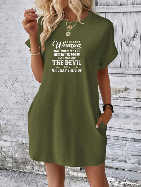 The Devil Says Oh Crap She's Up Women's Christian T-shirt Casual Dresses claimedbygoddesigns
