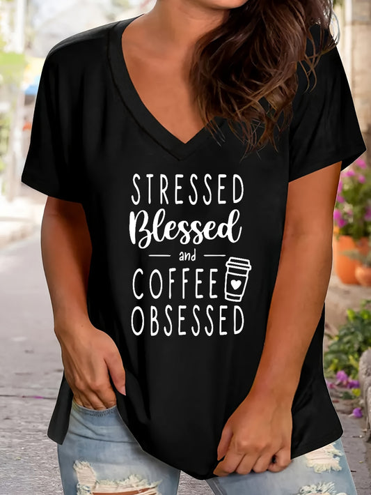 Stressed Blessed And Coffee Obsessed Plus Size Women's Christian V Neck T-Shirt claimedbygoddesigns