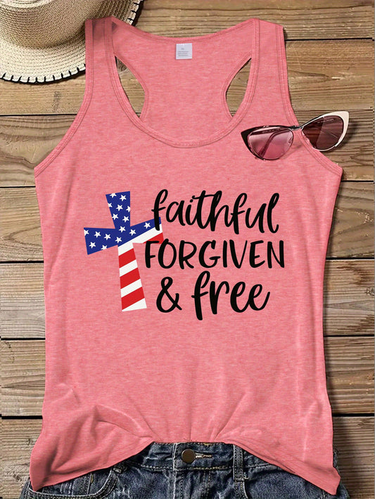 Faithful Forgiven & Free American Flag Cross Patriotic Plus Size Women's Christian Tank Top claimedbygoddesigns