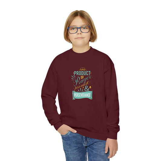 Product Of Prayer Promise & Perseverance Youth Christian Sweatshirt Printify