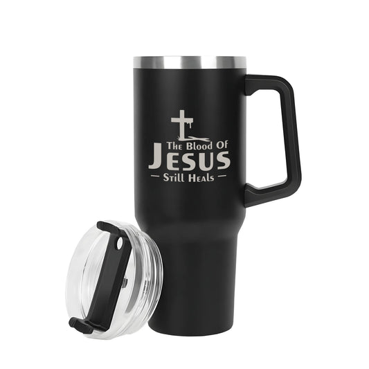 His Blood Still Heals 40oz Stainless Steel Christian Tumbler Travel Mug with Handle and Straw for Cup Holder