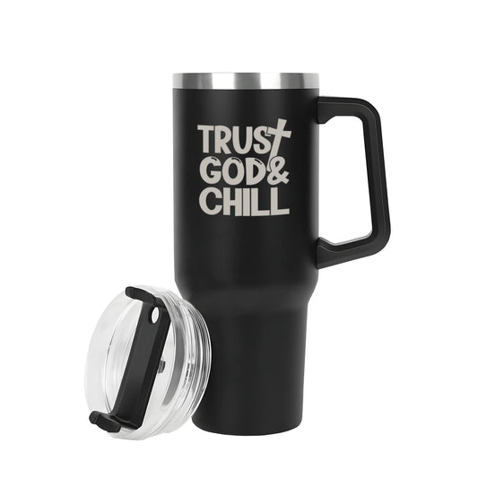 Trust And Chill 40oz Stainless Steel Christian Tumbler Travel Mug with Handle and Straw for Cup Holder
