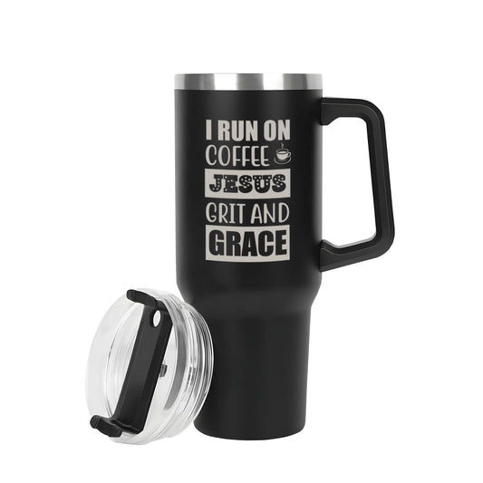 I Run On Coffee And Grit And Grace 40oz Stainless Steel Christian Tumbler Travel Mug with Handle and Straw for Cup Holder