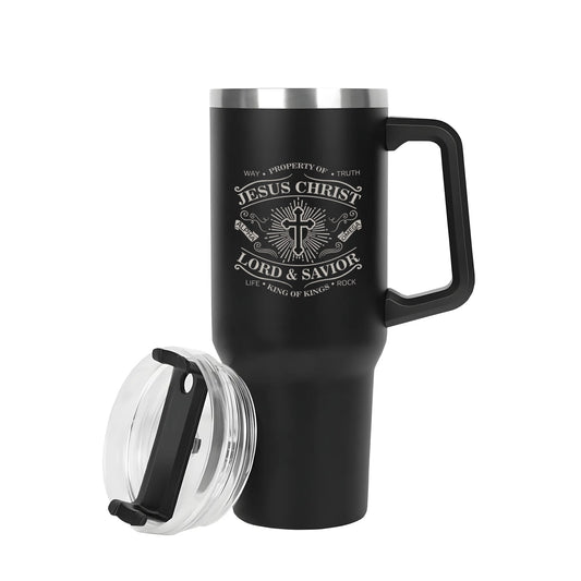 Property Of Christ 40oz Stainless Steel Christian Tumbler Travel Mug with Handle and Straw for Cup Holder