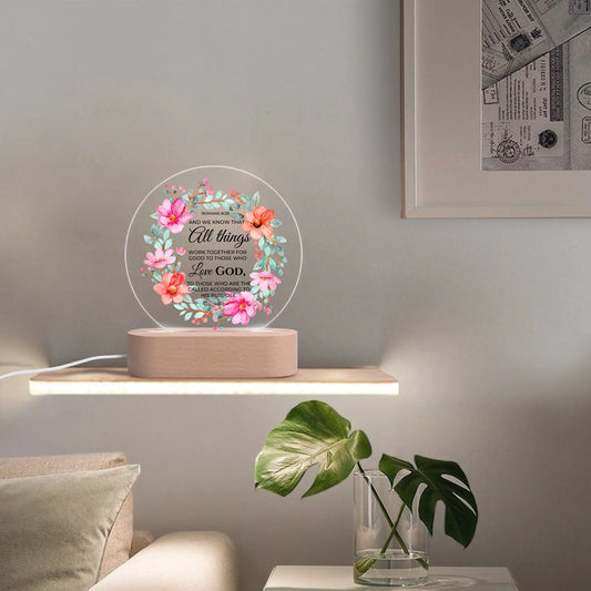 Romans 8:28 All Things Work Together Christian Acrylic Round Lamp Night Light Christian Gift Idea