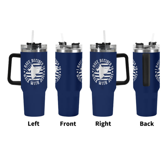 I Have Decided To Walk With Him American Patriotic 40oz Stainless Steel Christian Tumbler Gift With Black Handle and Straw
