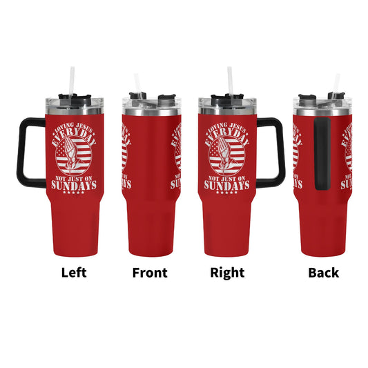 Loving Him Everyday Not Just On Sundays American Patriotic 40oz Stainless Steel Christian Tumbler Gift With Black Handle and Straw