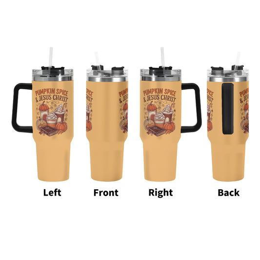 Pumpkin Spice And Christ 40oz Stainless Steel Christian Tumbler Gift With Black Handle and Straw