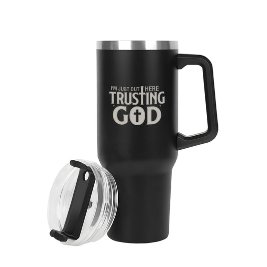 Im Just Out Here Trusting Him 40oz Stainless Steel Christian Tumbler Travel Mug with Handle and Straw for Cup Holder