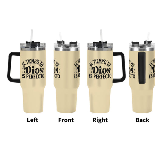 El Tiempo De Dios Es Perfecto 40oz Stainless Steel Spanish Christian Tumbler Gift With Black Handle and Straw