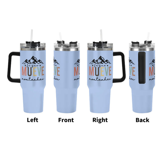 Fe Que Mueve Montanhas 40oz Stainless Steel Spanish Christian Tumbler Gift With Black Handle and Straw