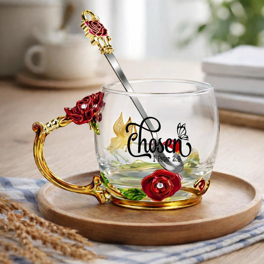 1 Peter 2:9 Chosen 12oz Enamel Floral Glass Christian Mug With Spoon - ClaimedbyGodDesigns