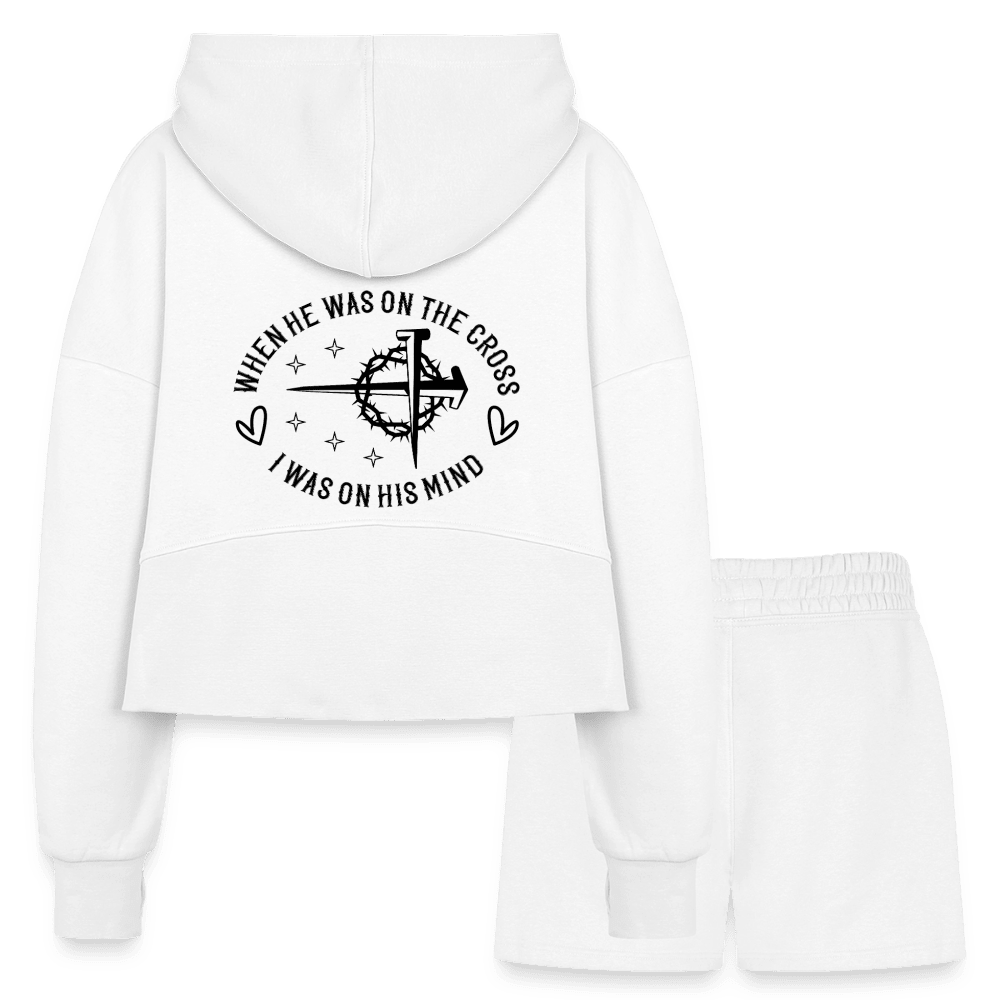 When He Was On The Cross Women's Christian Cropped Hoodie & Jogger Short Set - ClaimedbyGodDesigns