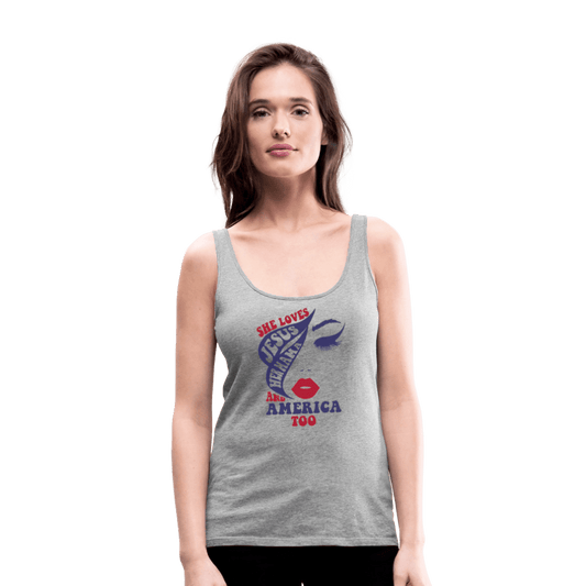 She Loves Him, Her Mama & America Too Women’s Christian Premium Tank Top - ClaimedbyGodDesigns