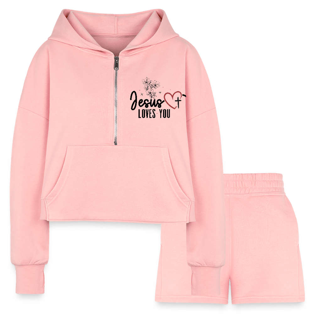 He Loves You Women’s Christian Cropped Hoodie & Jogger Short Set - ClaimedbyGodDesigns