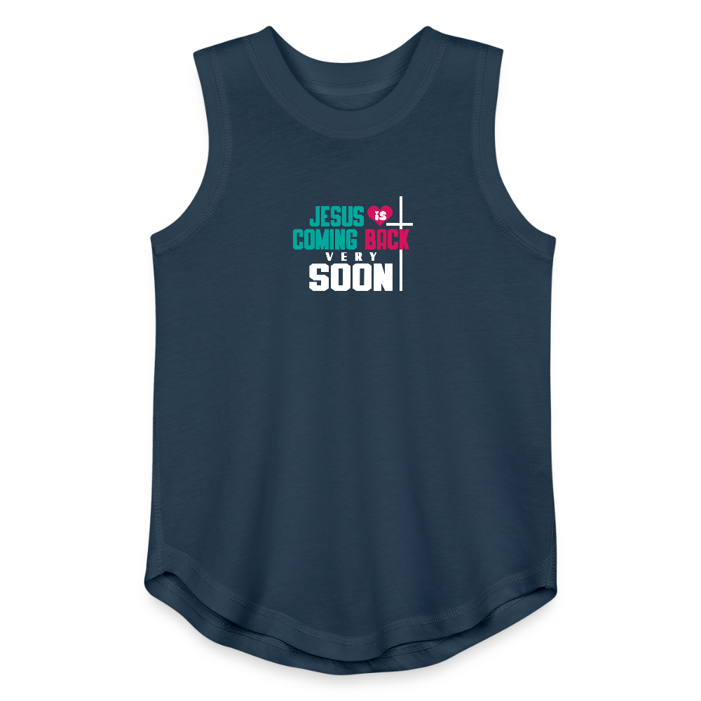 Youth Girls Christian Tank Top – “He Is Coming Back Very Soon” Design - denim