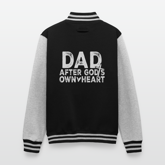 Dad After His Own Heart Men's Christian Heavyweight Letterman Jacket - black/heather grey