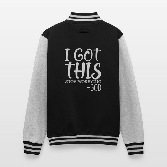 Stop Worrying Men's Christian Heavyweight Letterman Jacket - black/heather grey