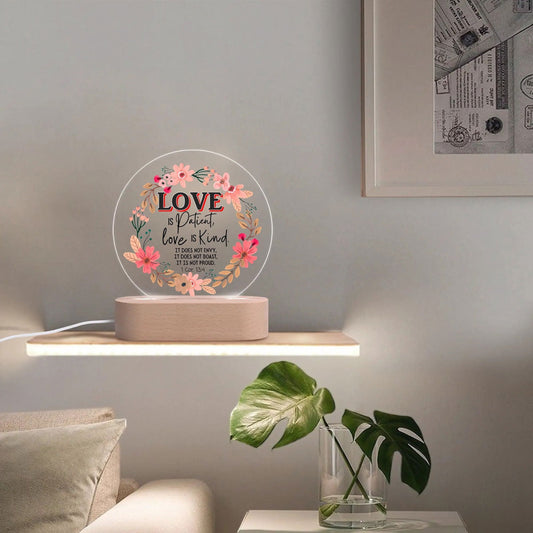 1 Corinthians 13:4 Love Is Patient Acrylic Round Lamp Night Light Home Decor - ClaimedbyGodDesigns