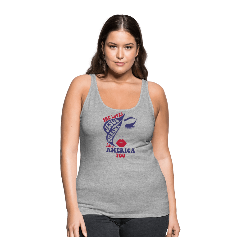 She Loves Him, Her Mama & America Too Women’s Christian Premium Tank Top - ClaimedbyGodDesigns