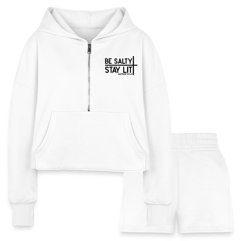 Be Salty Stay Lit Women’s Christian Cropped Hoodie & Jogger Short Set Outfit - ClaimedbyGodDesigns