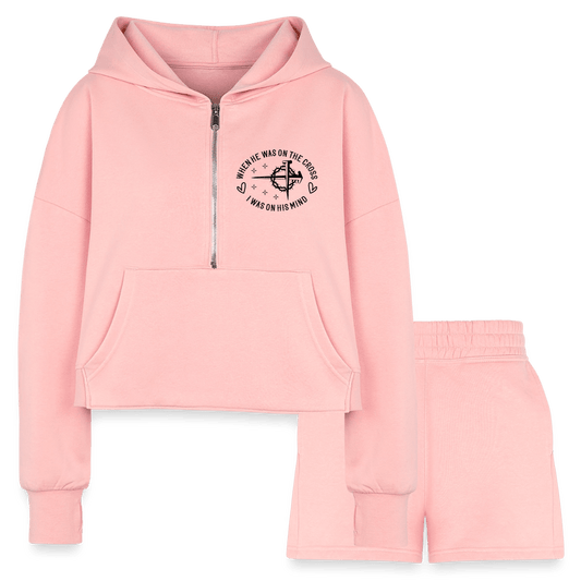 When He Was On The Cross Women's Christian Cropped Hoodie & Jogger Short Set - ClaimedbyGodDesigns