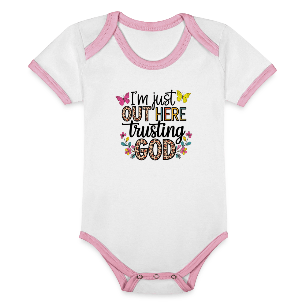 I'm Just Out Here Christian Organic Contrast Short Sleeve Baby Jumpsuit - ClaimedbyGodDesigns