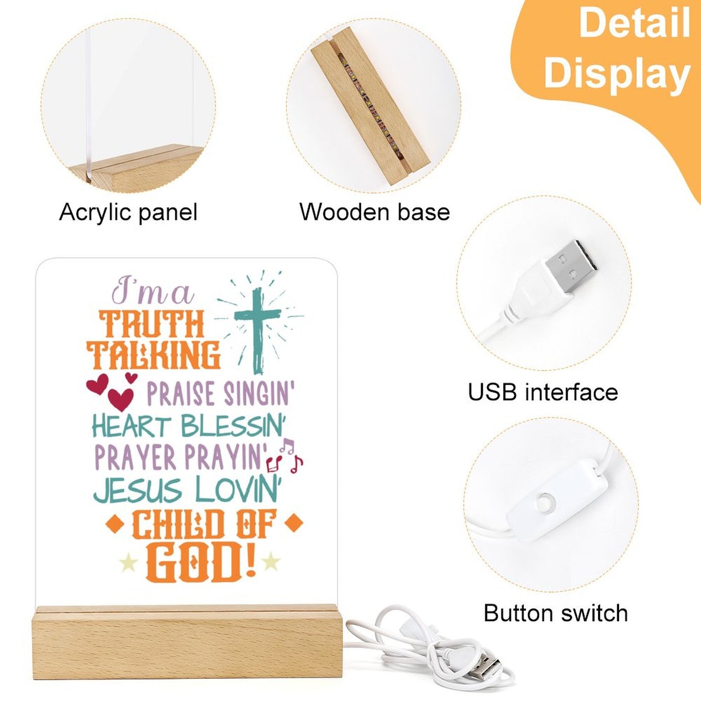 I'm A Truth Talking Child Christian Acrylic Night Light with Wooden Base Christian Gift Idea