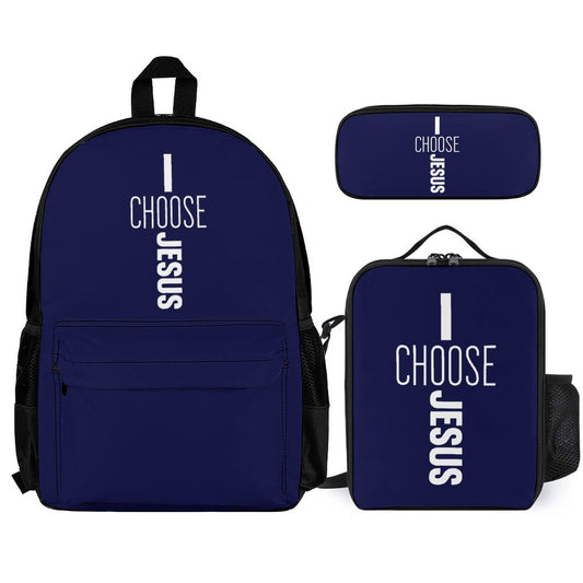 I Choose Him Christian Backpack Set of 3 Bags (Shoulder Bag Lunch Bag & Pencil Pouch)