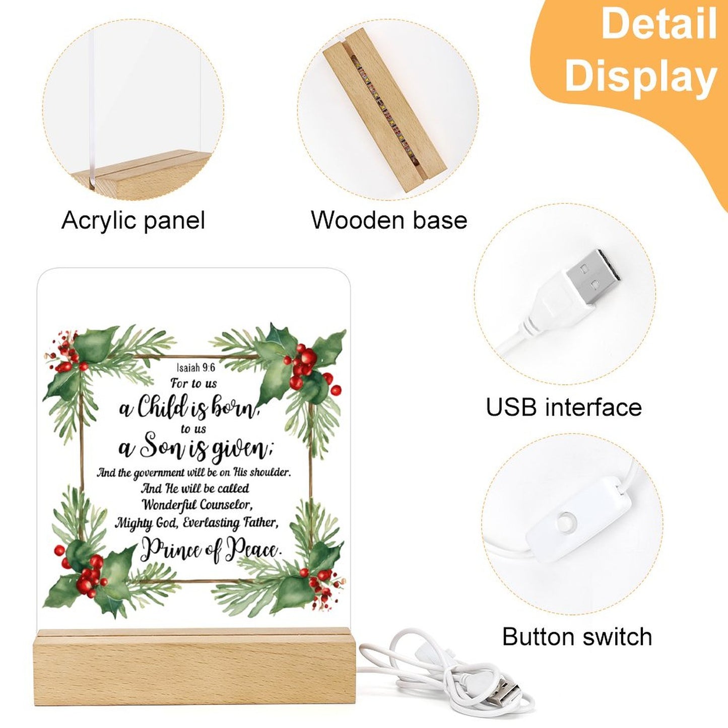 Isaiah 9:6 For To Us A Child Is Born (Christmas Themed) Christian Acrylic Night Light with Wooden Base