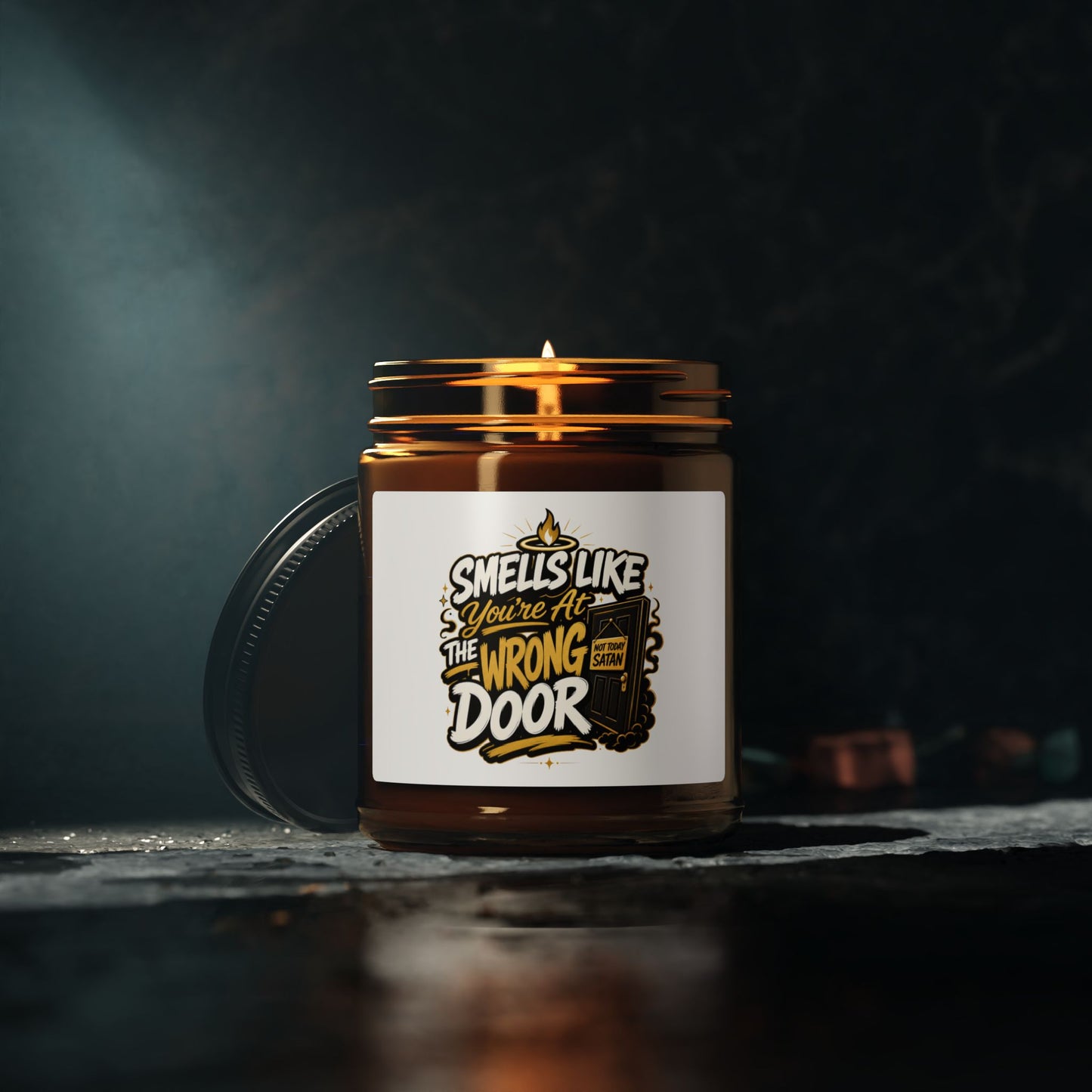 Scented Soy Candle — "Smells Like Someone Took the Wrong Door" Amber Jar
