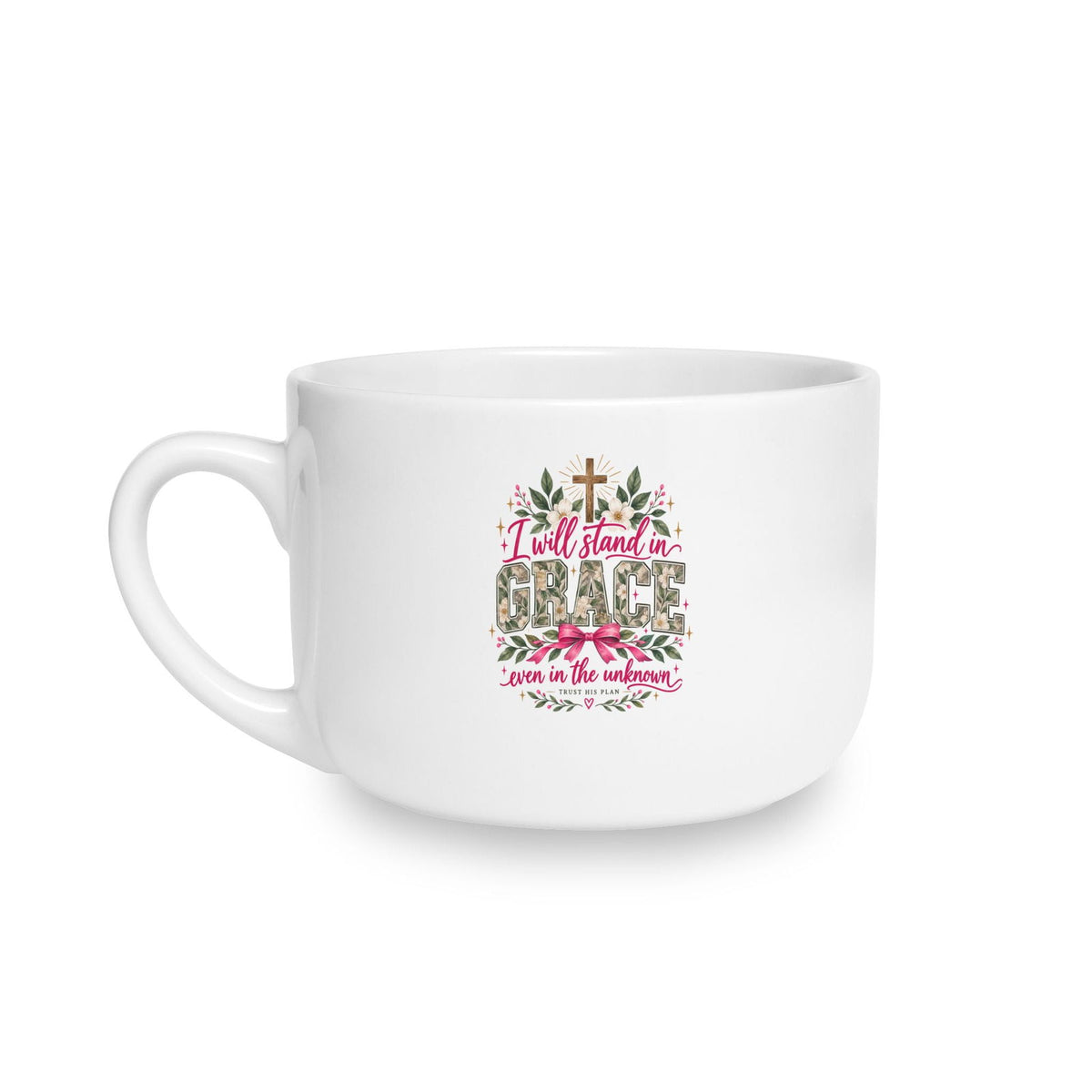 25oz Ceramic Latte Mug — Floral Leopard Accent with Message: “I will stand in grace even in the unknown” - ClaimedbyGodDesigns